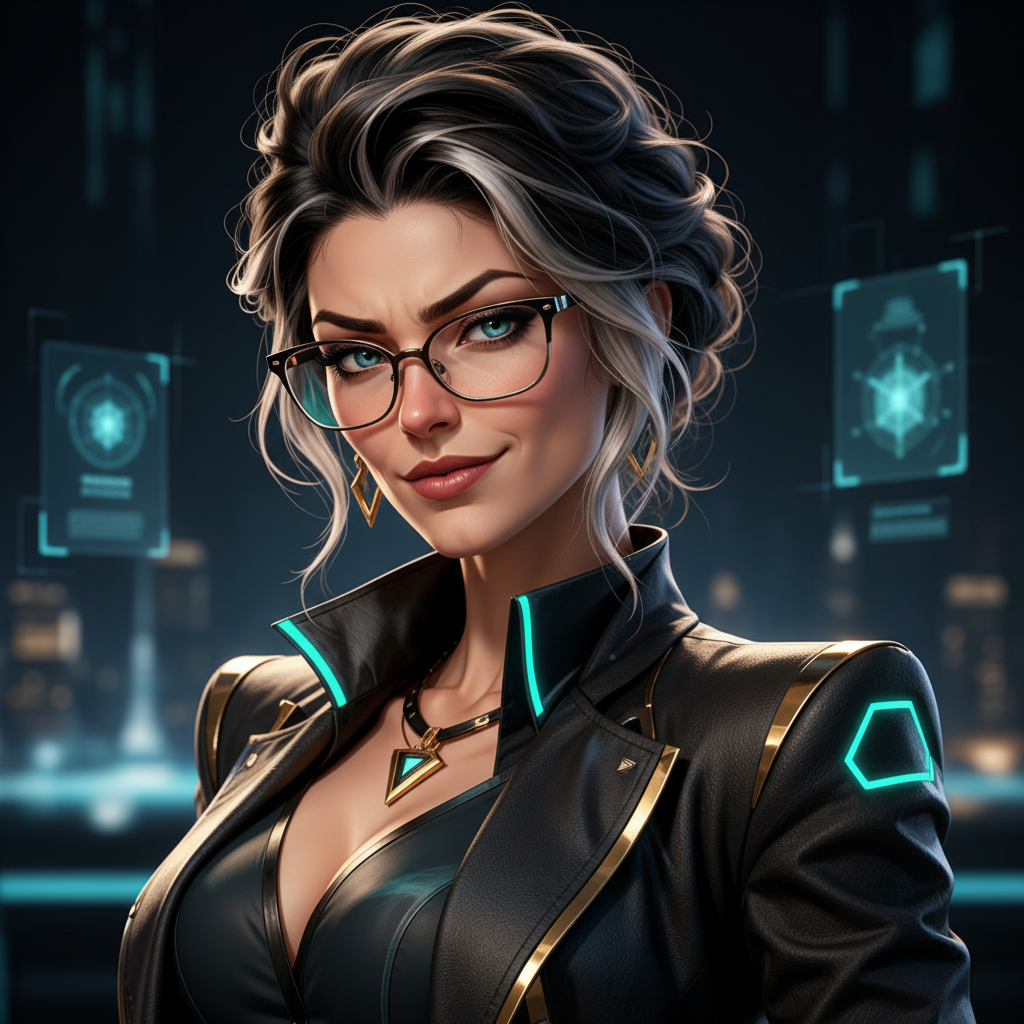 Dr. Nova Vex close-up portrait — cinematic teal and gold lighting